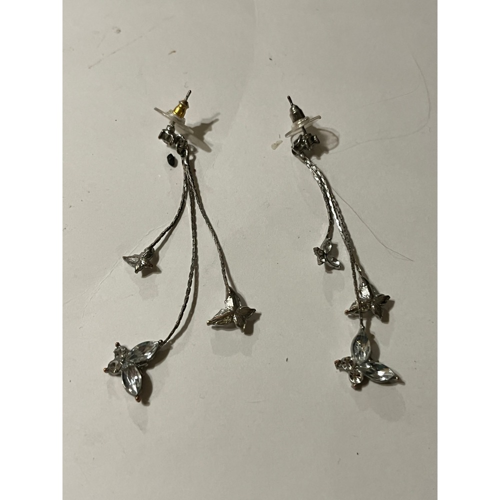 Silver Tone Triple Strand Crystal Butterfly Dangle Drop Earrings Long Y2K Style